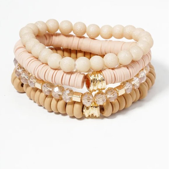 Bracelet 4 Stackable Stretch Beaded Clay Wood Glass Multi Gold Colored - Picture 3 of 8